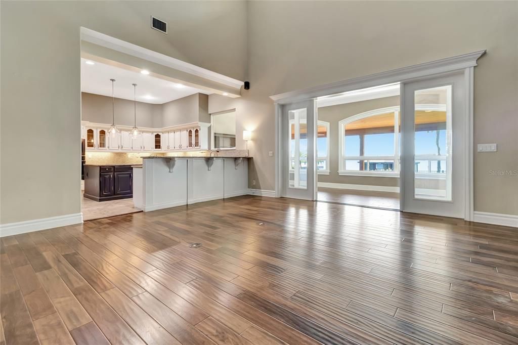 Empty room, Interior, Kitchen, Pendant Lights, Recessed Lighting, Wood Texture Flooring