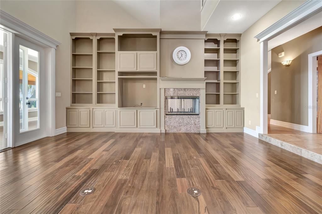 Empty room, Fireplace, Interior, Recessed Lighting, Wood Texture Flooring