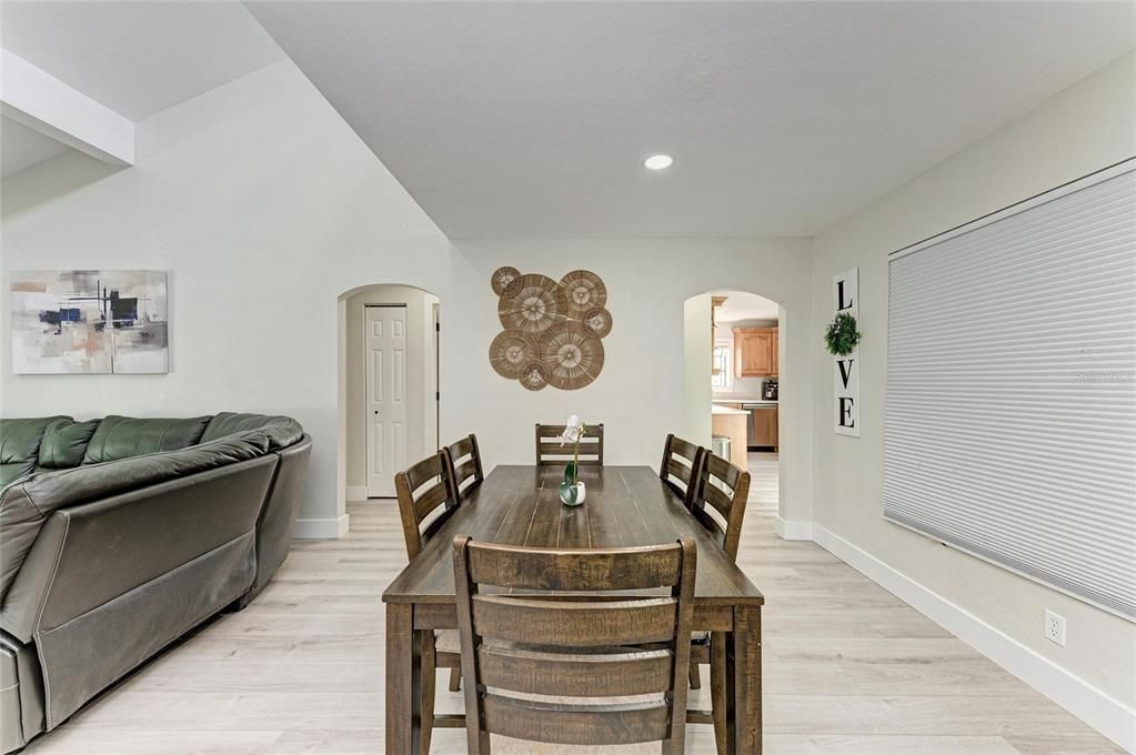 Dining room, Interior, Recessed Lighting, Wood Texture Flooring