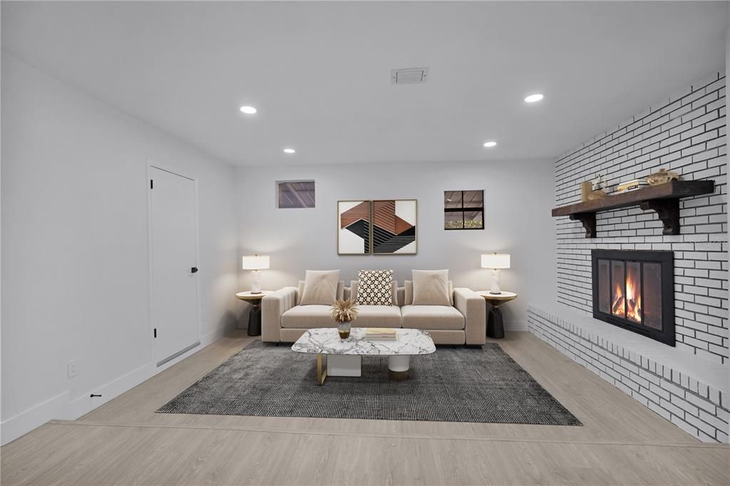 Fireplace, Interior, Living room, Recessed Lighting, Stone Walls, Wood Texture Flooring