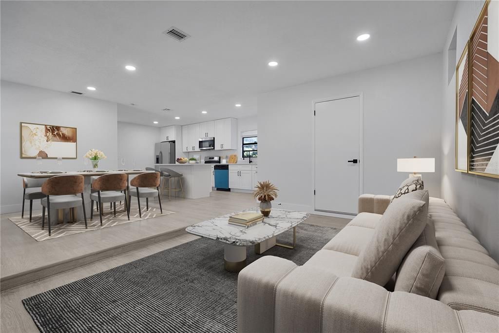 Dining room, Interior, Kitchen, Living room, Recessed Lighting, Wood Texture Flooring