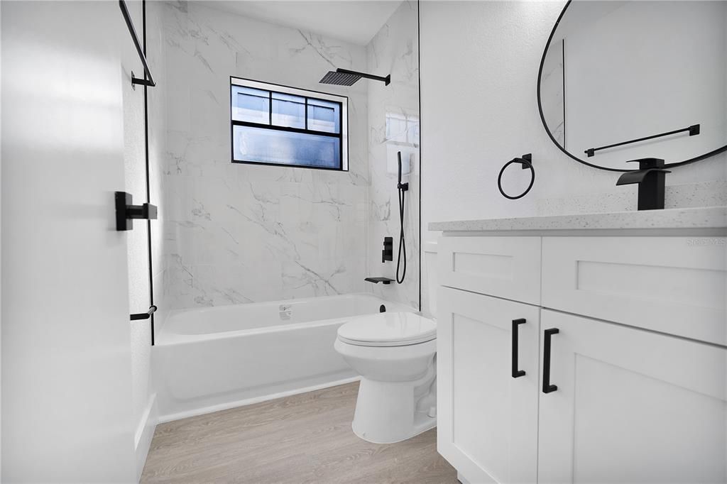 Bathroom, Interior, Marble Walls, Wood Texture Flooring