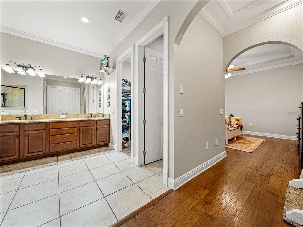 Bathroom, Dual Sink Vanities, Interior, Recessed Lighting, Wood Texture Flooring