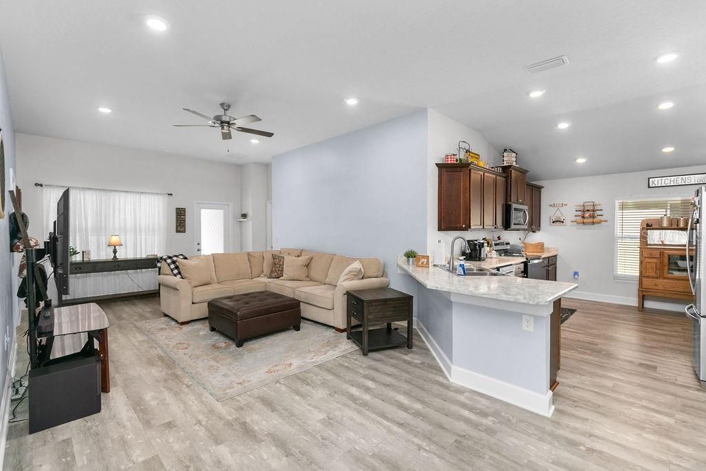 Interior, Kitchen, Living room, Recessed Lighting, Wood Texture Flooring