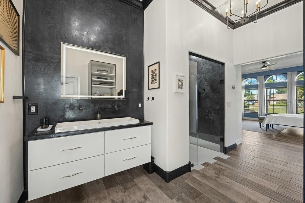 Bathroom, Chandelier, Interior, Wood Texture Flooring