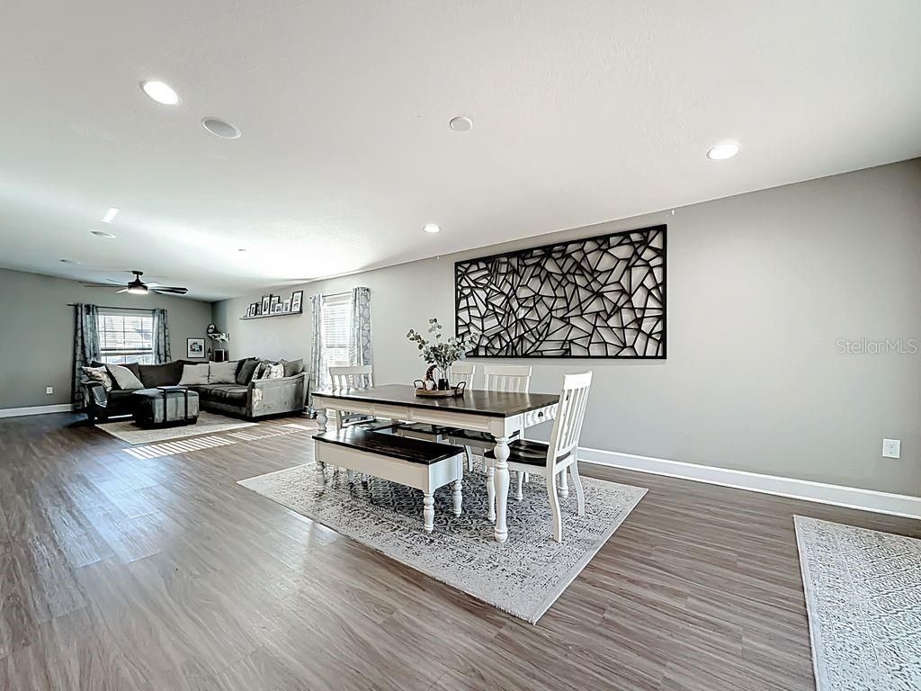 Dining room, Interior, Living room, Recessed Lighting, Wood Texture Flooring