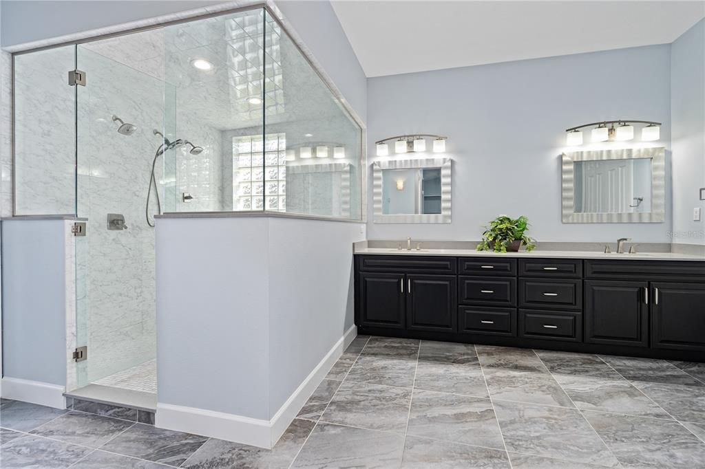 Bathroom, Dual Sink Vanities, Glass Shower, Interior, Marble Walls