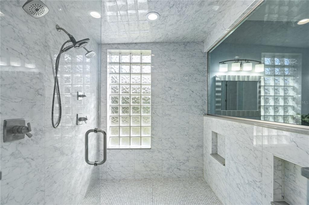 Bathroom, Glass Shower, Interior, Marble Walls, Recessed Lighting