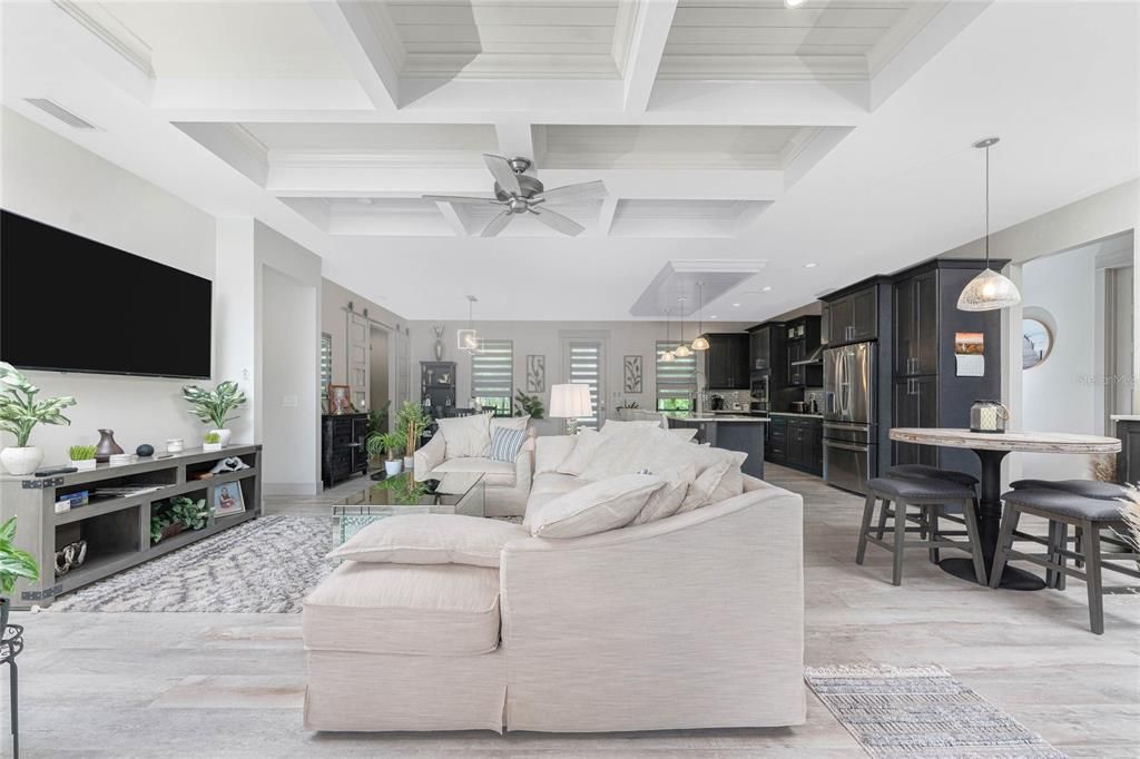 Dining room, Interior, Kitchen, Living room, Pendant Lights, Recessed Lighting, Stainless Steel Appliances, Wood Texture Flooring