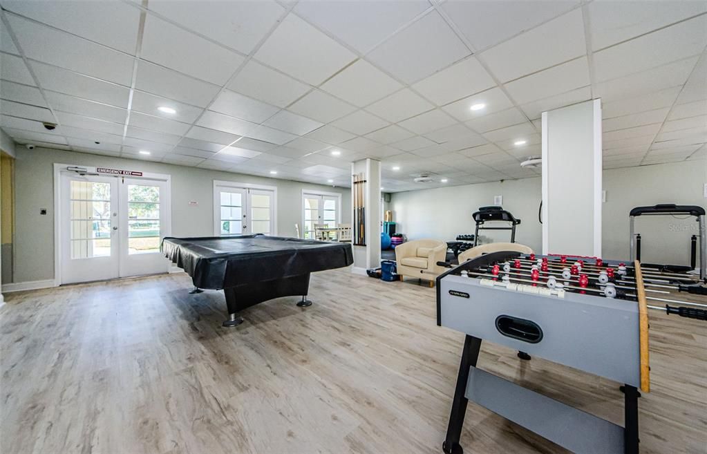 Billiard Table, Fitness Equipment, Game Room, Interior, Recessed Lighting, Wood Texture Flooring