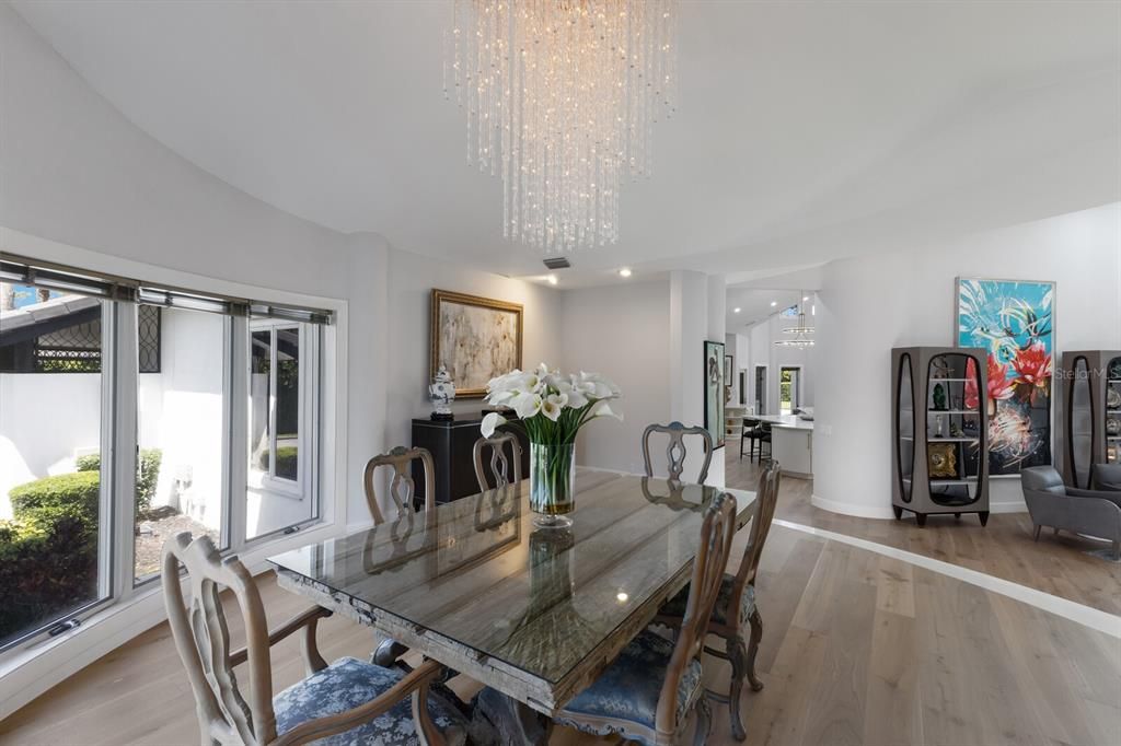 Chandelier, Dining room, Fireplace, Interior, Recessed Lighting, Wood Texture Flooring