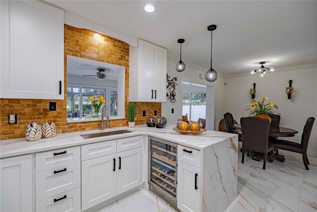 Dining room, Interior, Kitchen, Marble, Pendant Lights, Recessed Lighting, Stone Walls