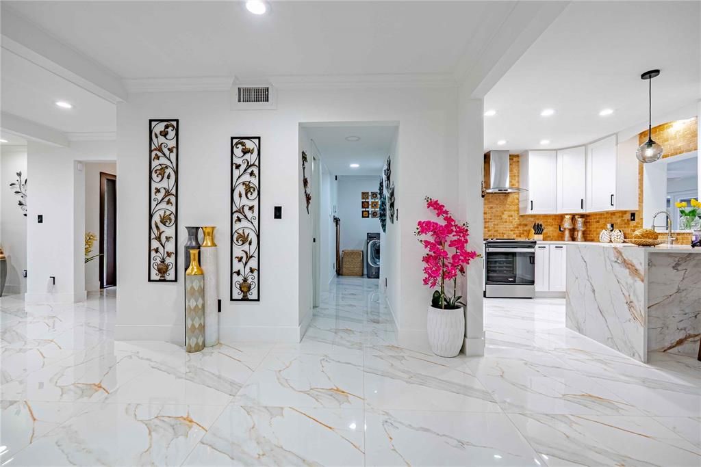 Interior, Kitchen, Marble, Pendant Lights, Recessed Lighting, Stainless Steel Appliances