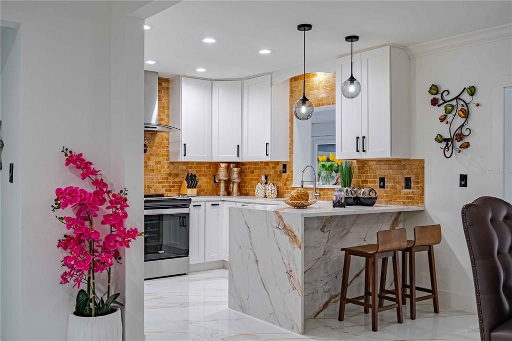 Interior, Kitchen, Marble, Pendant Lights, Recessed Lighting, Stainless Steel Appliances