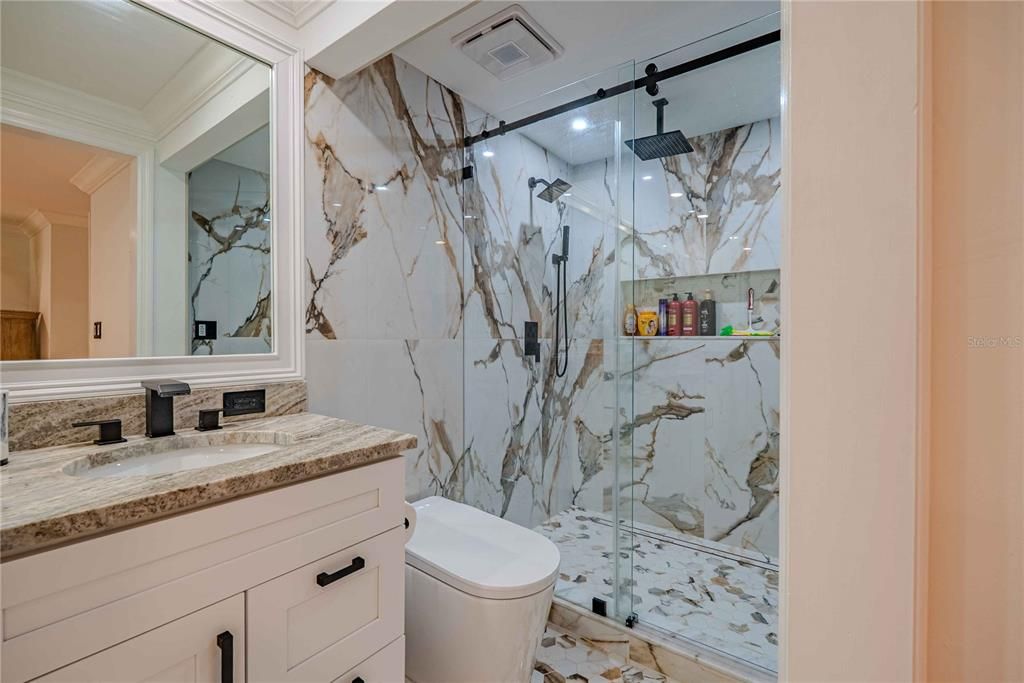 Bathroom, Glass Shower, Interior, Marble Walls