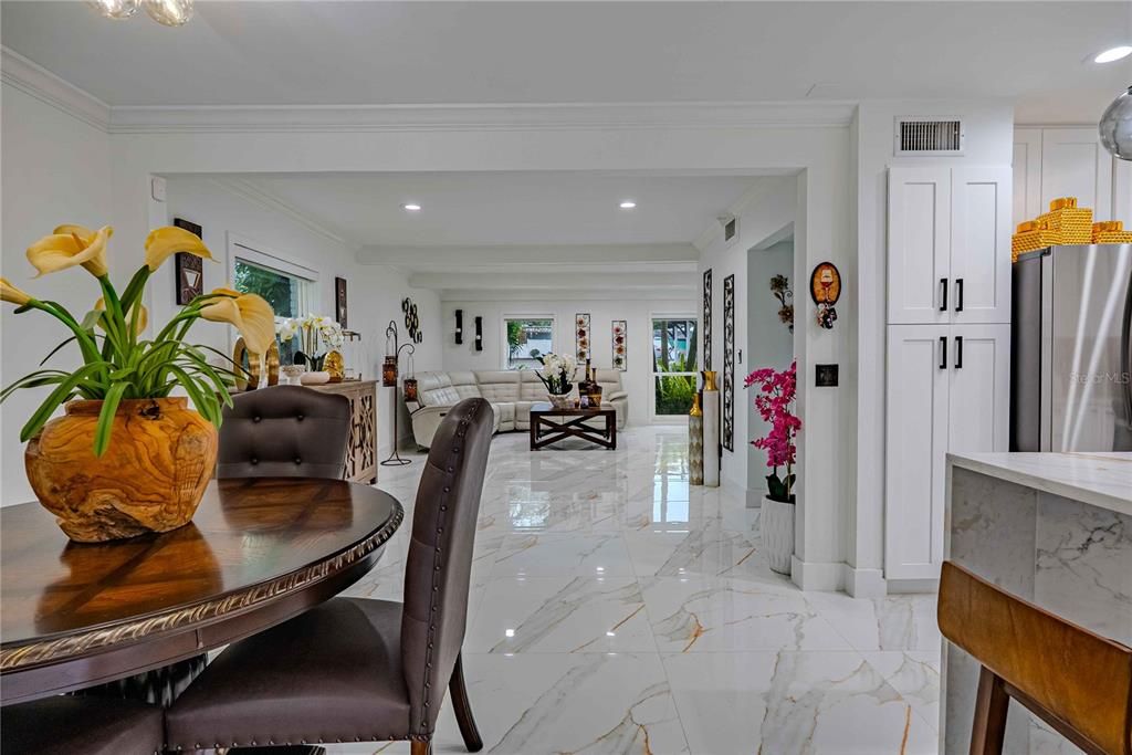 Dining room, Interior, Kitchen, Living room, Marble, Recessed Lighting