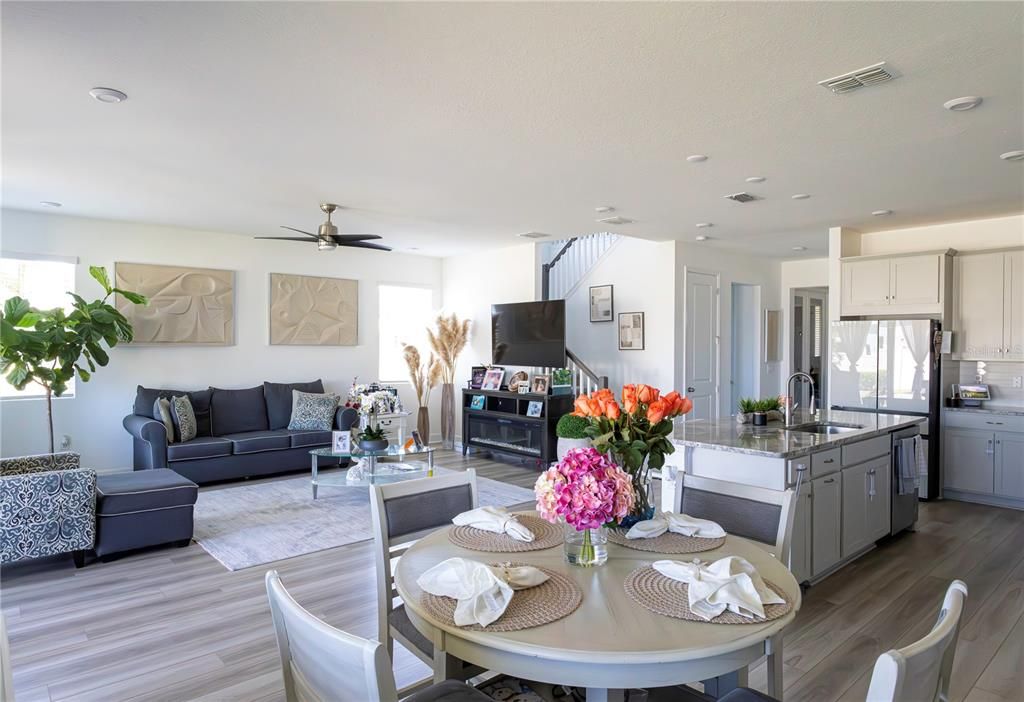 Dining room, Interior, Kitchen, Living room, Recessed Lighting, Wood Texture Flooring