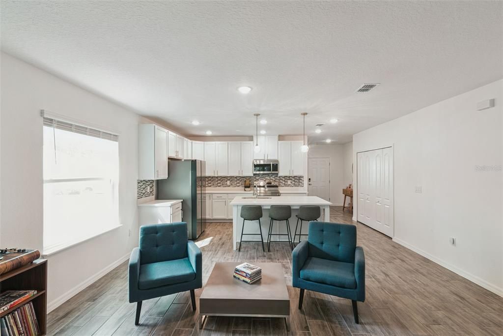Interior, Kitchen, Pendant Lights, Recessed Lighting, Wood Texture Flooring