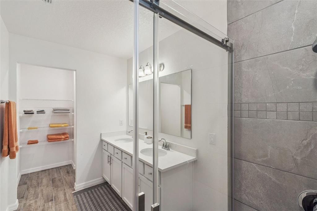 Bathroom, Dual Sink Vanities, Interior, Wood Texture Flooring