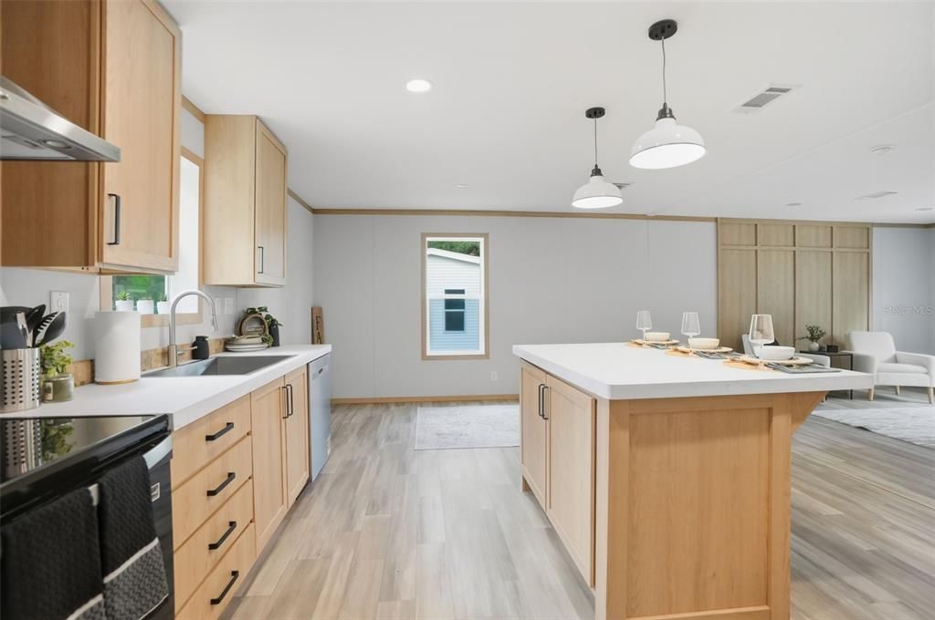 Interior, Kitchen, Pendant Lights, Recessed Lighting, Wood Texture Flooring