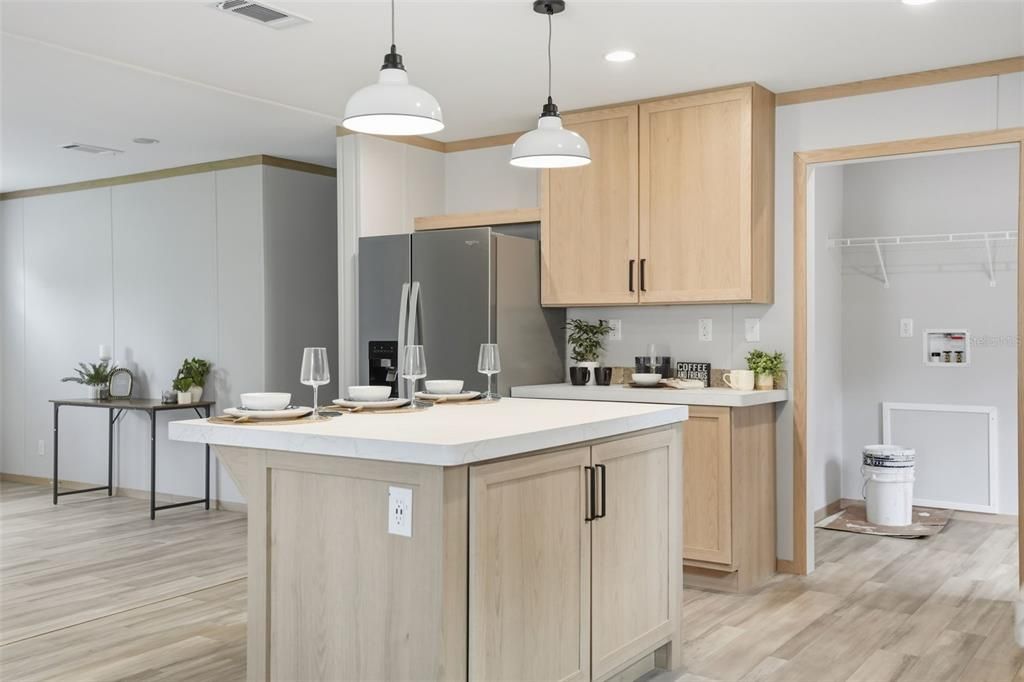 Interior, Kitchen, Pendant Lights, Recessed Lighting, Wood Texture Flooring