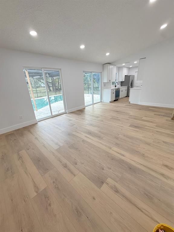 Empty room, Interior, Kitchen, Recessed Lighting, Wood Texture Flooring