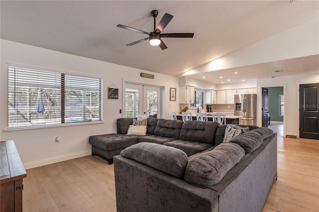 Interior, Kitchen, Living room, Recessed Lighting, Stainless Steel Appliances, Wood Texture Flooring