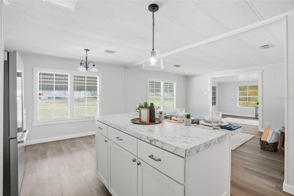 Interior, Kitchen, Pendant Lights, Wood Texture Flooring