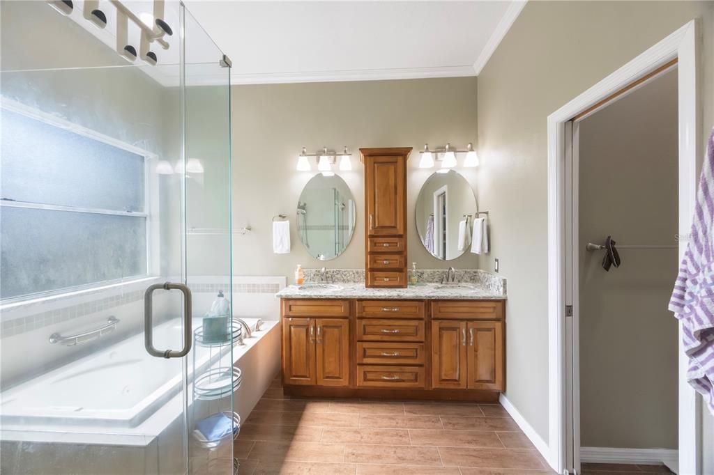 Bathroom, Dual Sink Vanities, Glass Shower, Interior, Wood Texture Flooring