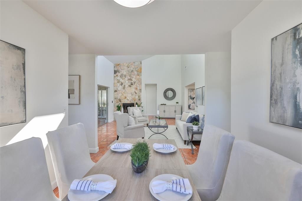 Dining room, Fireplace, Interior, Living room, Stone Walls