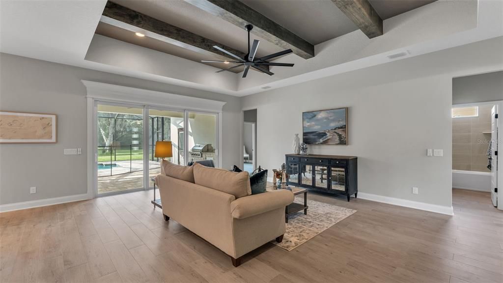 Interior, Living room, Recessed Lighting, Wooden Beams, Wood Texture Flooring