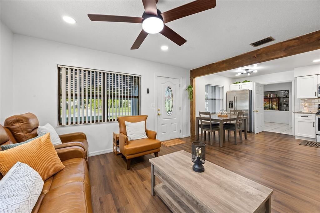 Dining room, Interior, Kitchen, Living room, Recessed Lighting, Wood Texture Flooring