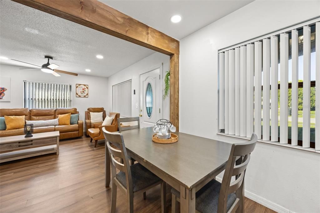 Dining room, Interior, Living room, Recessed Lighting, Wooden Beams, Wood Texture Flooring