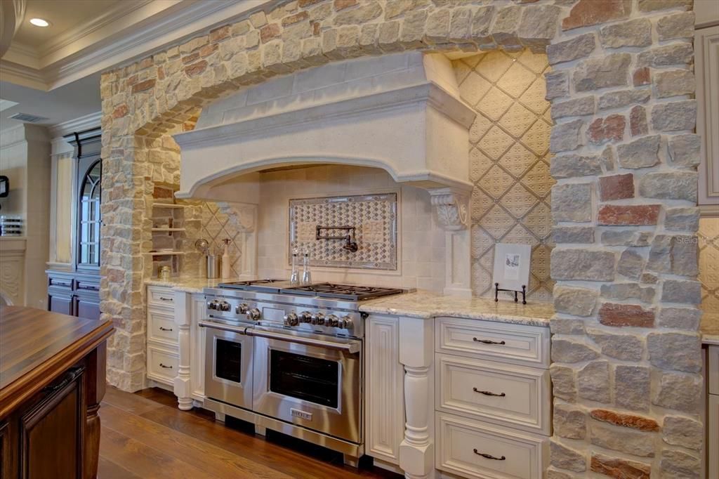 Interior, Kitchen, Recessed Lighting, Stainless Steel Appliances, Stone Walls, Wood Texture Flooring