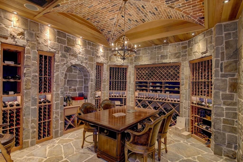 Chandelier, Interior, Recessed Lighting, Stone Walls, Wine Storage, Wooden Ceilings