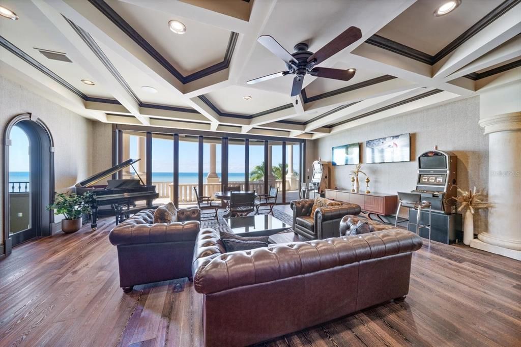 Interior, Living room, Piano, Recessed Lighting, Water, Wood Texture Flooring