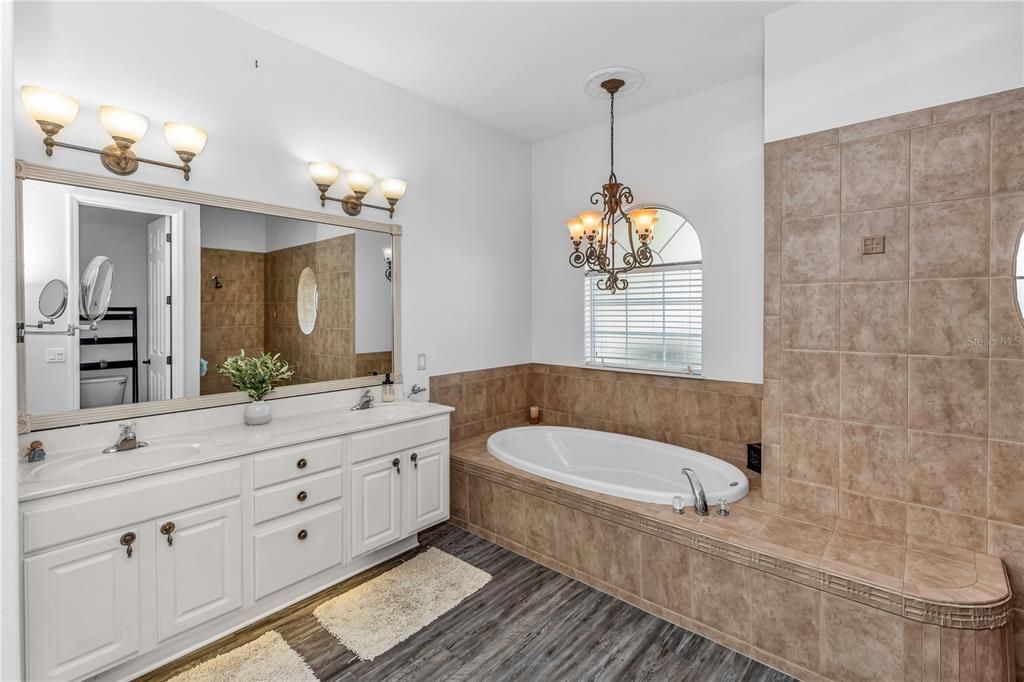 Bathroom, Chandelier, Dual Sink Vanities, Interior, Pendant Lights, Wood Texture Flooring