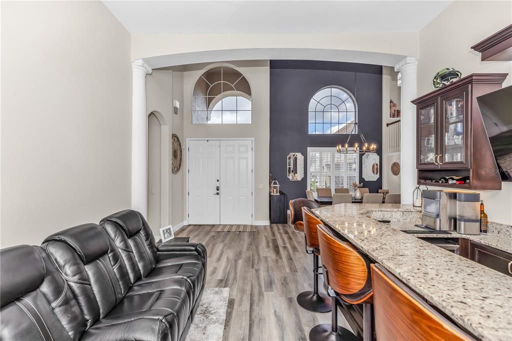Dining room, Interior, Pendant Lights, Wood Texture Flooring