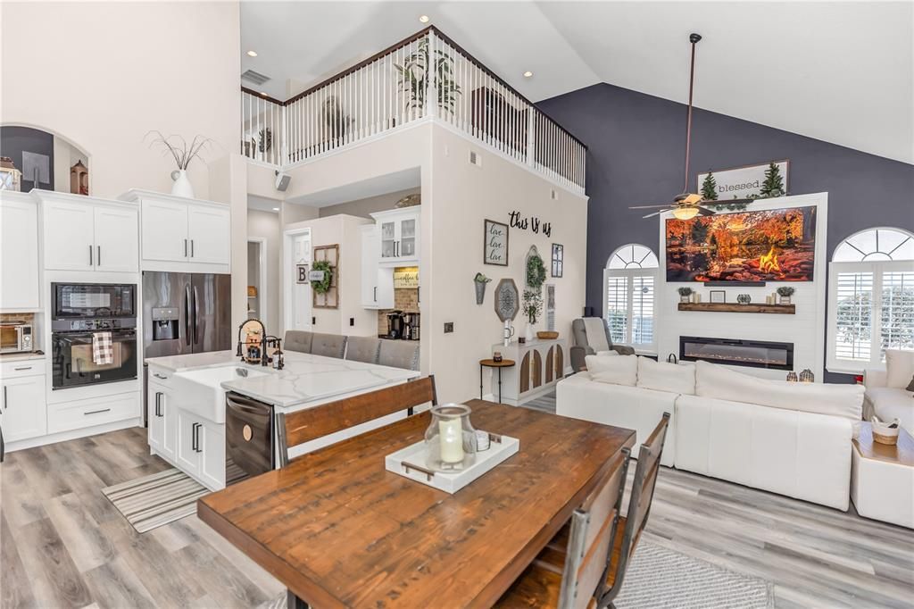 Fireplace, Interior, Kitchen, Living room, Pendant Lights, Recessed Lighting, Wood Texture Flooring