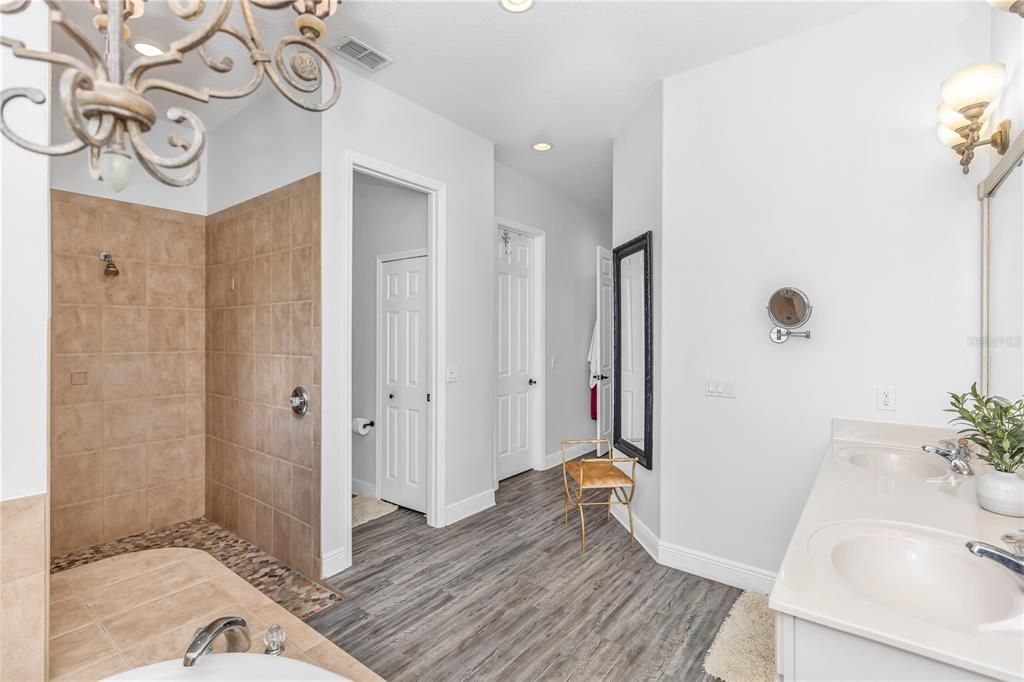 Bathroom, Dual Sink Vanities, Interior, Recessed Lighting, Wood Texture Flooring