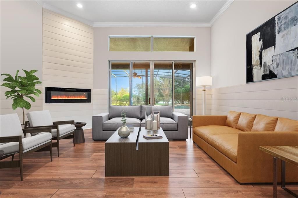 Fireplace, Interior, Living room, Recessed Lighting, Wood Texture Flooring
