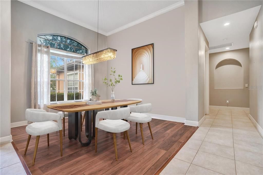 Chandelier, Dining room, Interior, Recessed Lighting, Wood Texture Flooring