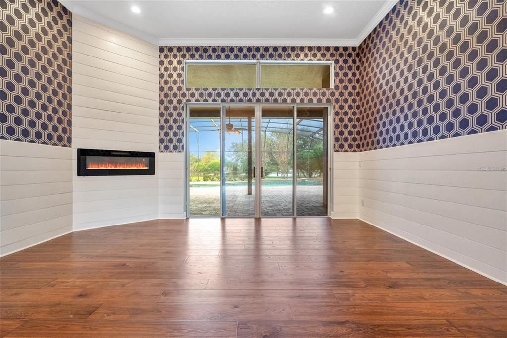 Empty room, Fireplace, Interior, Recessed Lighting, Wood Texture Flooring