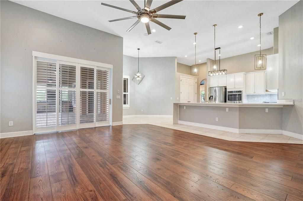 Chandelier, Empty room, Interior, Kitchen, Pendant Lights, Recessed Lighting, Wood Texture Flooring