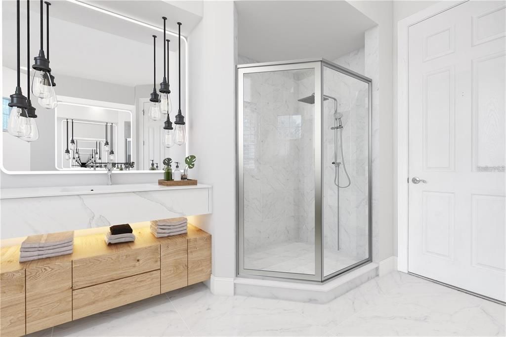 Bathroom, Glass Shower, Interior, Marble, Marble Walls, Pendant Lights