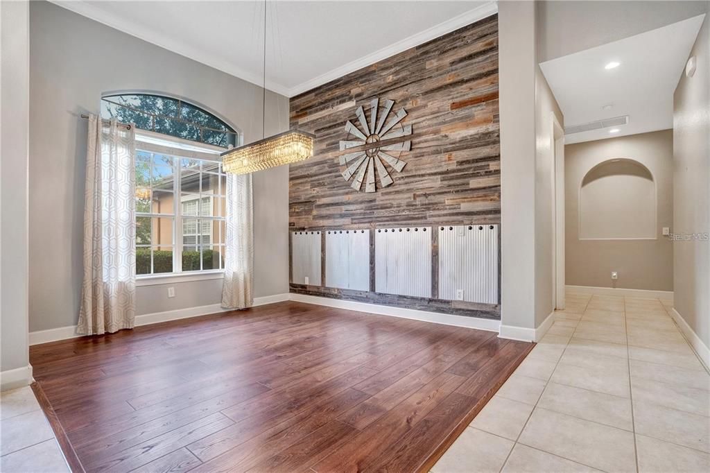 Chandelier, Empty room, Interior, Recessed Lighting, Wood Texture Flooring, Wooden Walls