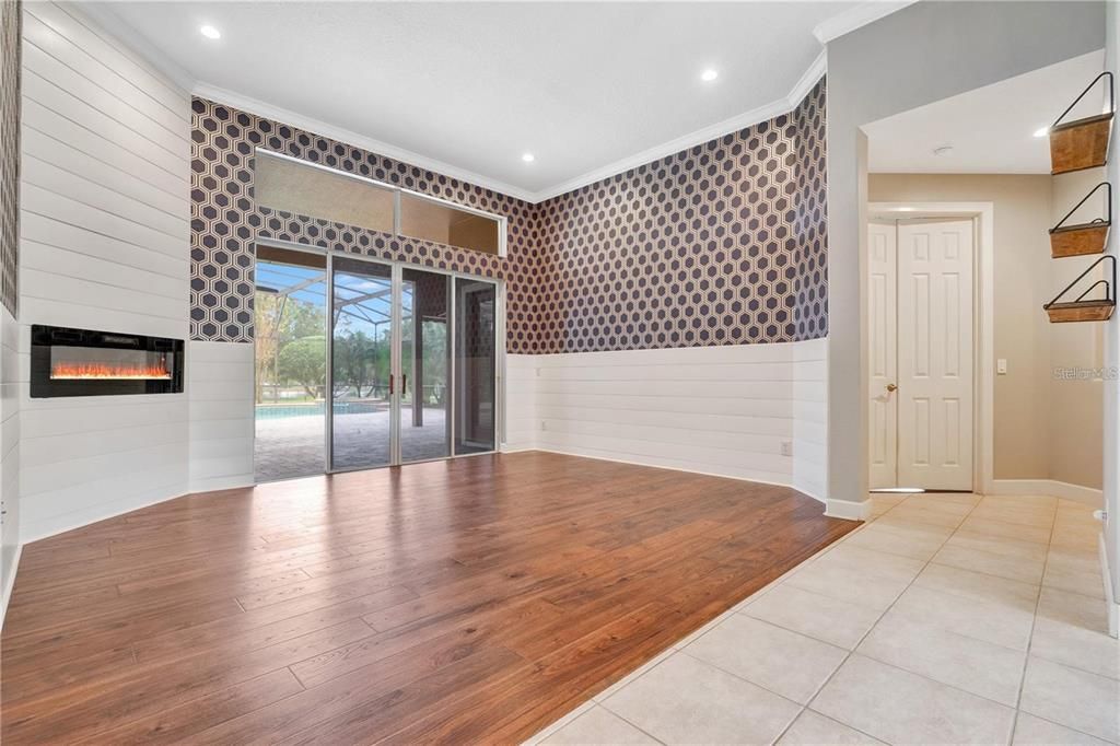 Empty room, Fireplace, Interior, Recessed Lighting, Wood Texture Flooring