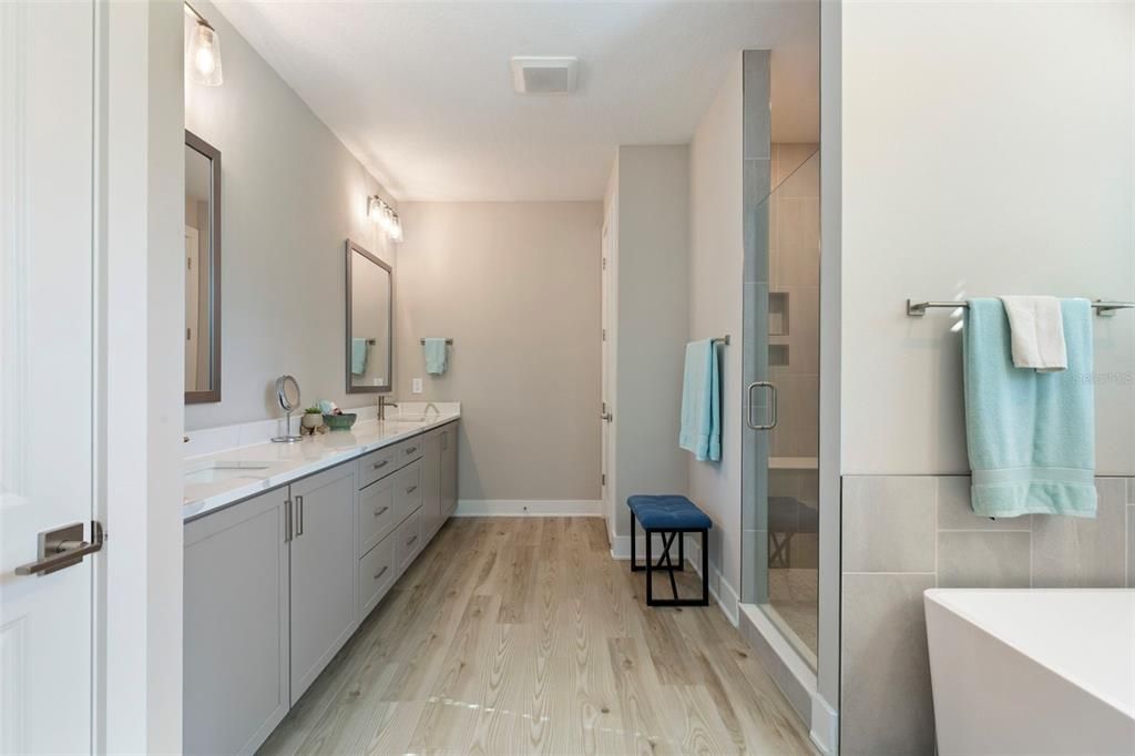 Bathroom, Dual Sink Vanities, Glass Shower, Interior, Wood Texture Flooring