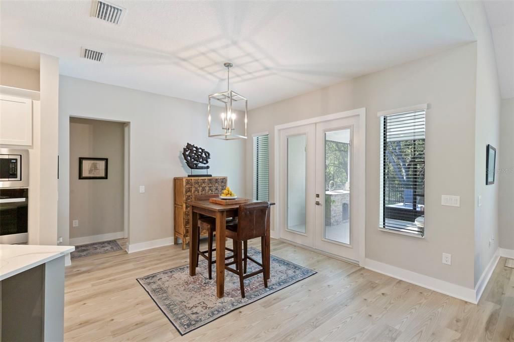 Dining room, Interior, Pendant Lights, Wood Texture Flooring
