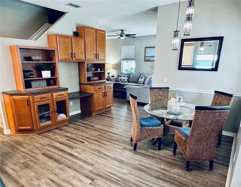 Dining room, Interior, Living room, Pendant Lights, Wood Texture Flooring
